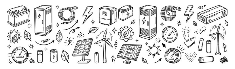 Fototapeta premium Hand drawn doodle vector mega pack of battery storage featuring battery packs, energy storage cabinets, charging cables, electric bolts, inverters, solar panels and renewable energy symbols 
