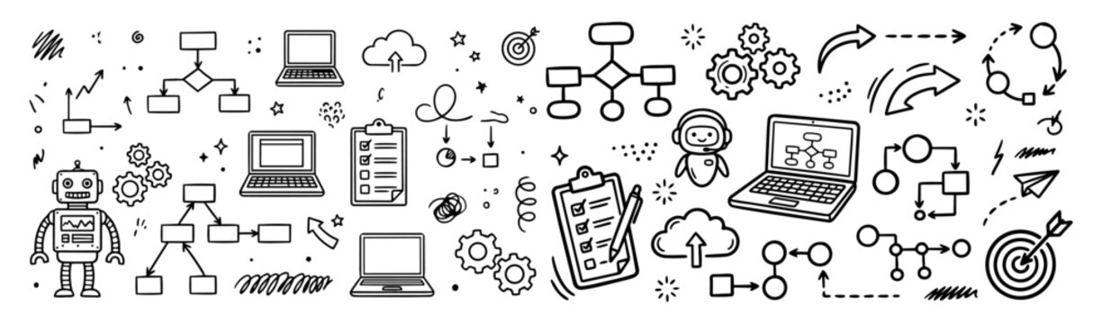 Hand drawn doodle vector mega pack of automation workflow featuring connected workflow steps, automation gears, robot assistant, flow arrows, laptop and clipboard isolated on white background