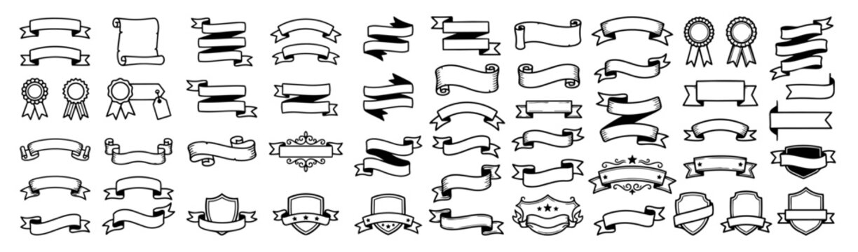 Hand drawn doodle vector mega pack of banner ribbon variations featuring ribbon banners, scroll banners, folded ribbons, curved ribbons, award ribbons and badge banners isolated on white background