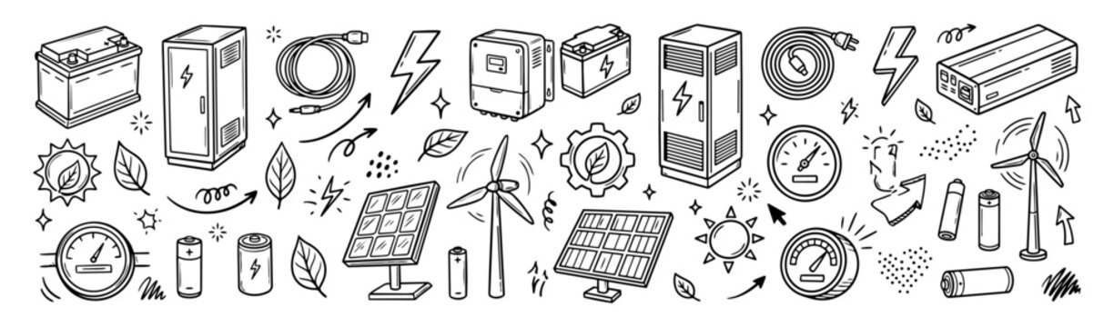 Hand drawn doodle vector mega pack of battery storage featuring battery packs, energy storage cabinets, charging cables, electric bolts, inverters, solar panels and renewable energy symbols 