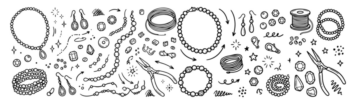 Hand drawn doodle vector mega pack of beaded jewelry featuring beaded necklaces, bracelets, earrings, loose beads, bead strands, jewelry wire, crimp beads and clasps isolated on white background