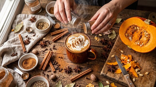 Pumpkin spice latte with cinnamon and halved pumpkin on a wooden surface