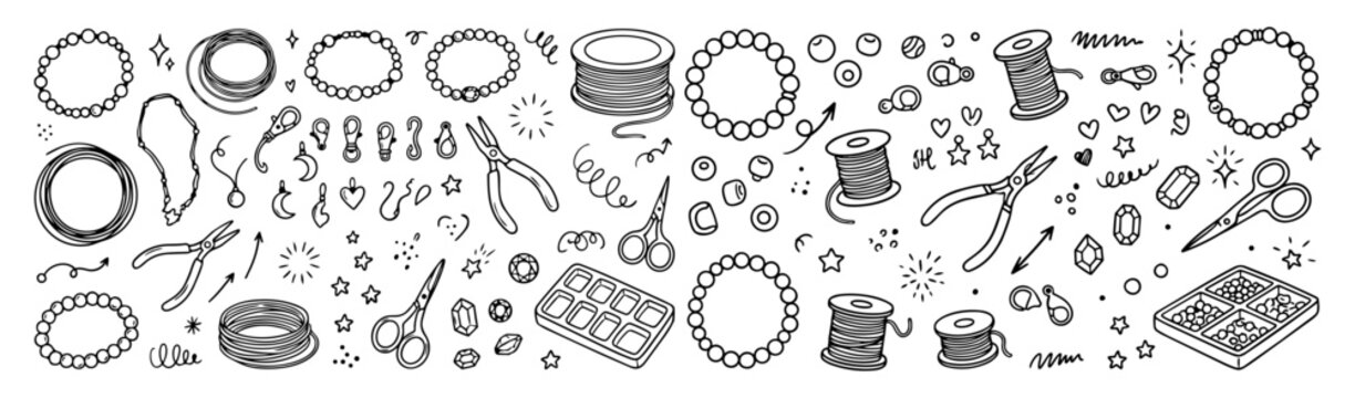 Hand drawn doodle vector mega pack of bracelet making featuring bracelets, beads, jewelry wire, elastic cord, clasps, charms, gemstones and jewelry tools isolated on white background
