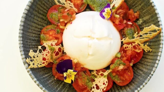Burrata cheese with tomatoes and edible flowers on rustic plate
