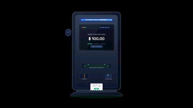 Automated Cash Payment Terminal with Digital Interface Motion Graphics Animation