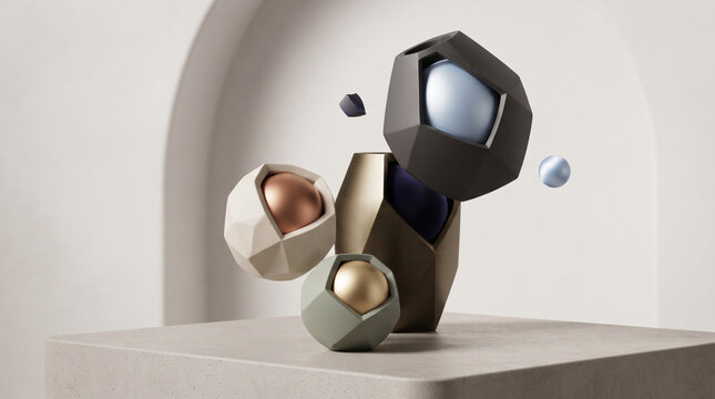Geometric Sculpture Display: A collection of abstract, faceted sculptures in muted earth tones and metallic finishes are artfully arranged, evoking modern design and minimalist aesthetics.