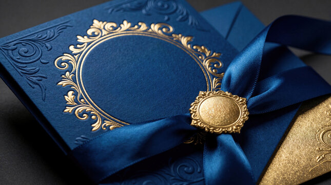 Elegant dark blue card with gold ornate frame. Blue ribbon tied with gold accent buckle. Luxury stationery for formal event celebration design.