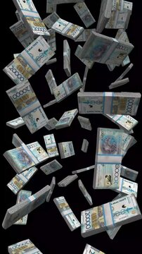 Vertical Kazakhstan Money, Falling Kazakh Tenge Bills Black Background, Premium Central Asia Astana Finance Cash Stacks, 4K