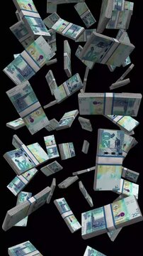 Vertical Kuwait Money, Falling Kuwaiti Dinar Bills Black Background, Premium High-Tech Kuwait City Finance Cash Stacks, 4K