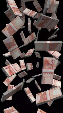 Vertical South Africa Money, Falling South African Rand Bills Black Background, Premium Africa Johannesburg Finance Cash Stacks, 4K