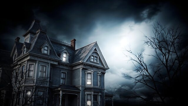 Spooky haunted mansion at night with glowing windows under a dark dramatic stormy sky