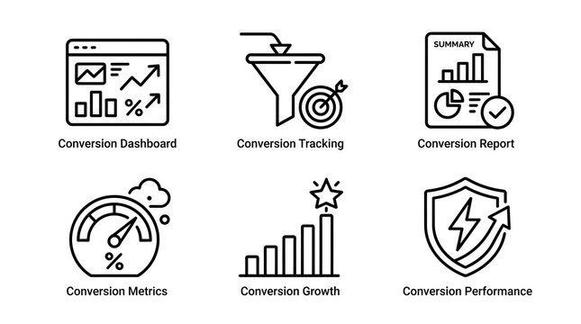 Conversion rate optimization and business data analytics icon set