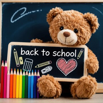 Fluffy teddy bear holds small chalkboard with back to school text. Colorful pencils and drawn heart add to the fun learning atmosphere. A cozy, nostalgic scene for early education.