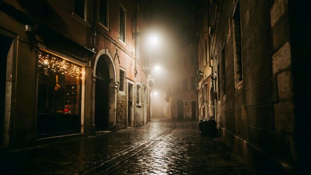 Empty cobblestone street at night with foggy atmospheric lighting