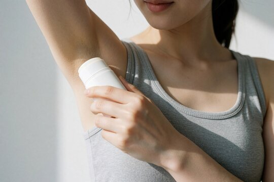 Woman applies white stick deodorant under her arm. Daily personal hygiene routine for freshness and body care. Skin product for sweat protection. Cleanliness and confidence boost.