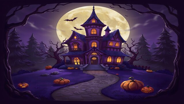 Haunted Victorian mansion at night with full moon and glowing jack-o'-lanterns for Halloween