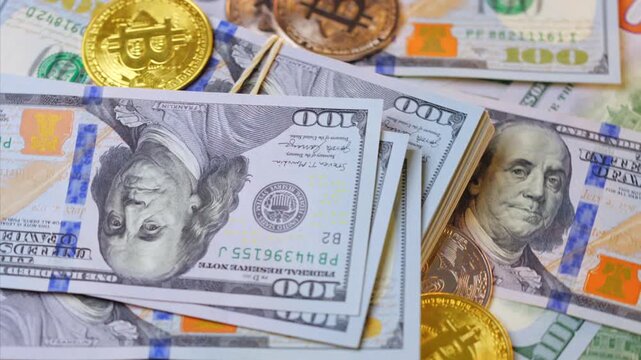 Background with US Dollar and Euro bills, BTC bitcoins rotating