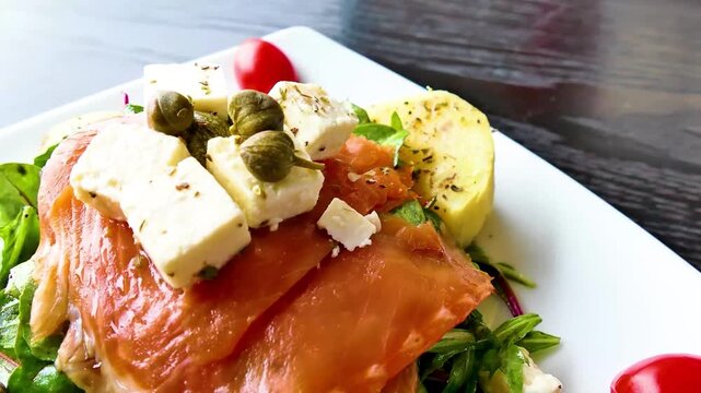 Smoked salmon appetizer with feta cheese and capers on white plate