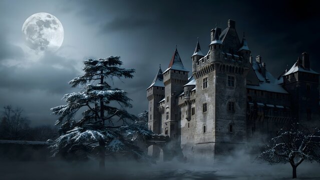 Haunted gothic castle under full moon with eerie fog and dark silhouette at night