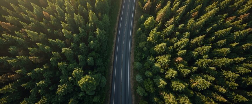 Overhead drone shot of a straight asphalt road dividing a thick coniferous forest landscape with landscape, straight