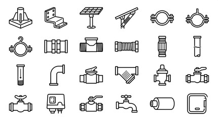 Fototapeta premium Plumbing and piping system components outline vector icon set with plumbing fittings connector connection infrastructure