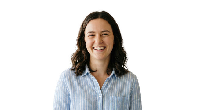 Smiling brunette woman headshot, casual striped blue shirt portrait on white background, friendly professional studio photo
