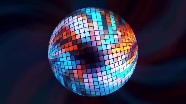 Rotating disco ball reflecting colorful light patterns in dark space sphere lights party dance reflection sphere lights party dance reflection