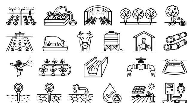 Modern sustainable agriculture and smart irrigation icon set with agriculture irrigation sprinkler greenhouse livestock