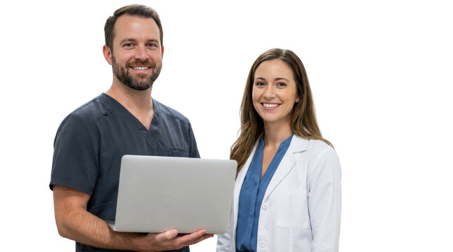Smiling medical team holding laptop, male nurse and female doctor in scrubs and white coat, isolated on white