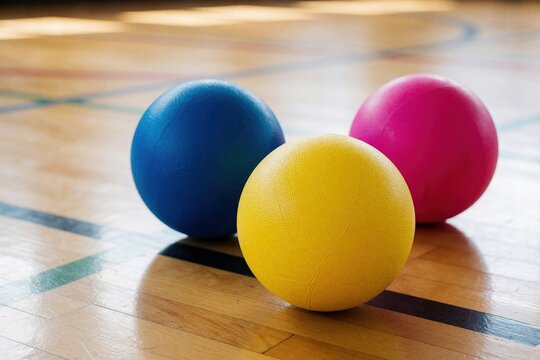 Three colorful dodgeballs sit on a polished wooden gym floor. Yellow, blue, and pink spheres rest near court lines, ready for play or sports activities.