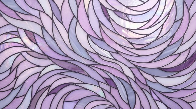 Swirling wave pattern stained glass window with light purple and lavender translucent tones for elegant home interior decor.