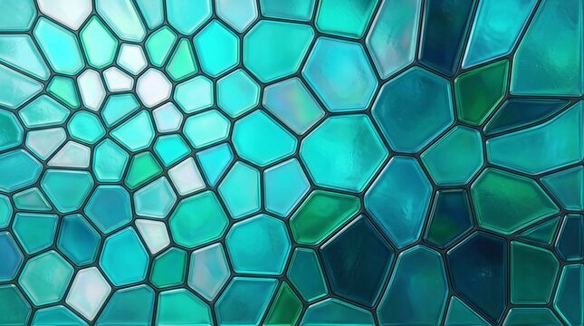Abstract teal mosaic glass tile texture creates vibrant geometric background pattern for modern digital interior design art.