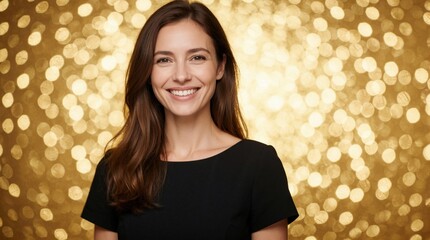 Obraz premium Young woman smiles widely against sparkling gold bokeh background. She wears a black dress, radiating happiness and warmth. Perfect for celebrations, parties, or beauty themes.