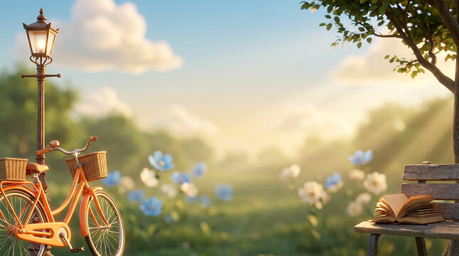 Orange bicycle stands by lamp post and bench with book for park leisure and outdoor relax.