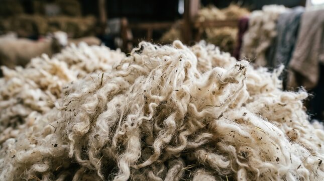 Raw sheep wool pile after shearing in agricultural barn. Agribusiness textile production facility with blurred background.