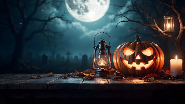 Spooky Halloween Pumpkin with Candle and Lantern in Night Scene