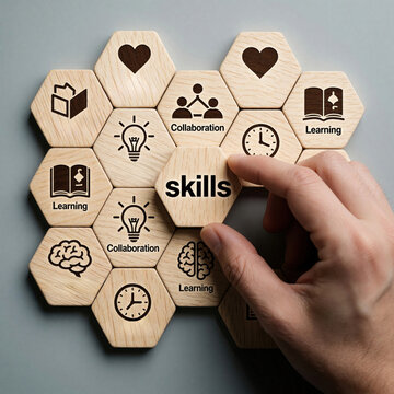 Hand places wooden hexagon tile labeled skills into puzzle. Icons represent learning, collaboration, time, brain, heart. Building competencies through education and teamwork.