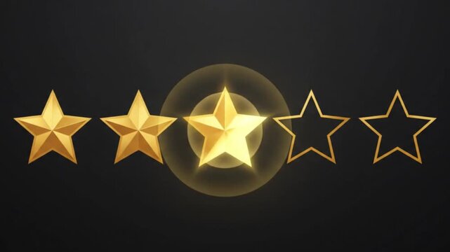 Five gold stars rating concept on dark background a row of golden with a glowing effect