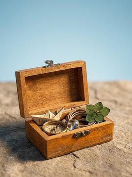 Small wooden chest holds compass paper boat and four leaf clover on stone surface under blue sky.