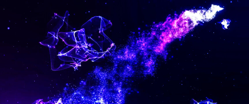 Magical glowing purple particle dust trail on dark abstract background