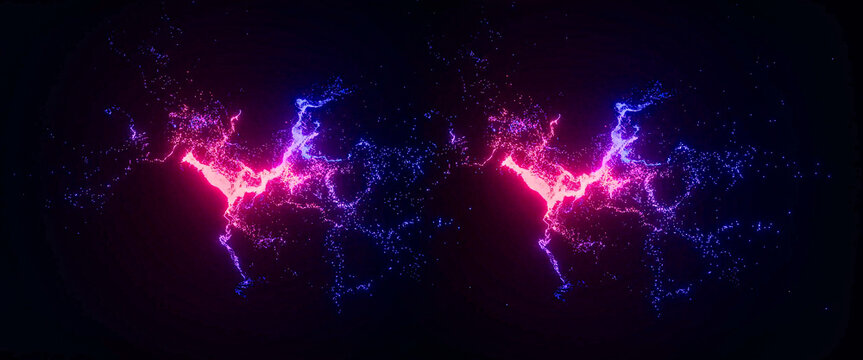 Dynamic neon pink and blue electric plasma lightning clash on black