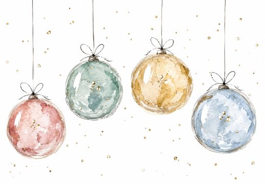 Hand-Painted Holiday Artwork Showcasing Delicate Seasonal Decorations in a Soft Airy Watercolor Style with Refined Christmas Accents
