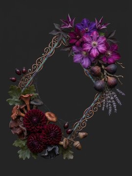 Detailed Botanical Painting Presenting an Elaborate Oval Wreath with Lush Florals Organic Shapes and Graceful Metallic Embellishments