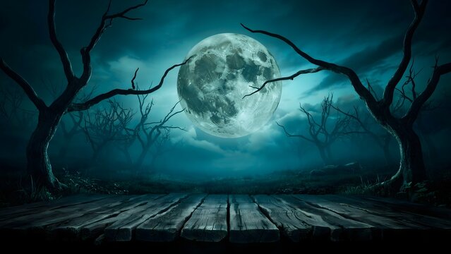 Dramatic full moon rising over eerie dark forest path with twisted tree branches at night