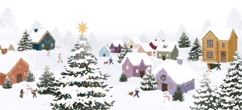 Hand-Painted Seasonal Illustration Showcasing a Cozy Community Surrounded by Snowy Landscapes and Warm Festive Details in a Soft Airy Watercolor Style