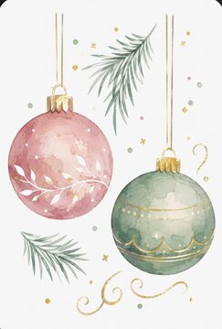 Hand-Painted Holiday Artwork Showcasing Delicate Seasonal Decorations in a Soft Airy Watercolor Style with Refined Christmas Accents