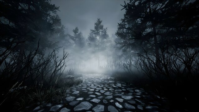 Stone path through a dark misty forest at night with moody fog and silhouettes of trees