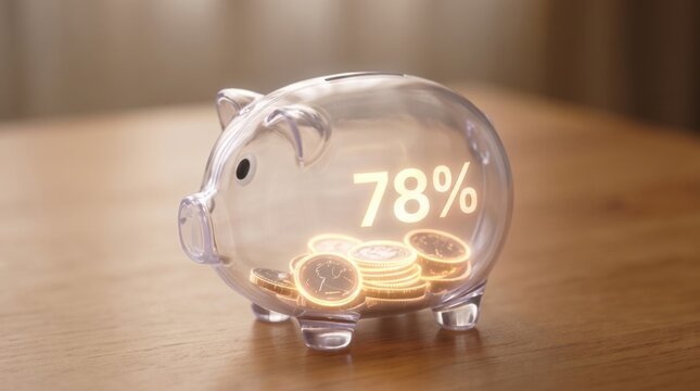 Transparent piggy bank with coins visible on a wooden table and a digital percentage overlay, finance savings concept. savings goal,personal finance,transparent bank.