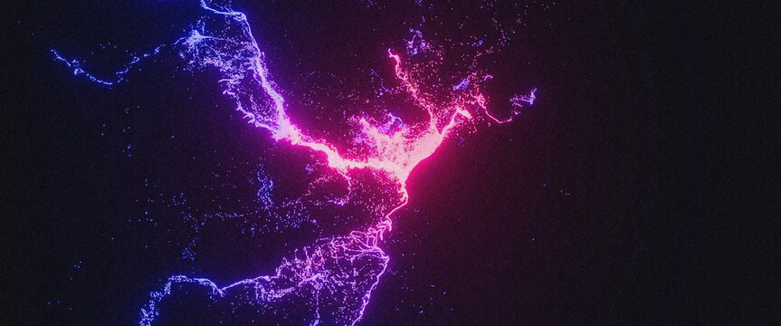 Futuristic glowing neon energy map with connected neural network nodes