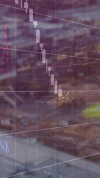 Animation of financial data processing over cityscape